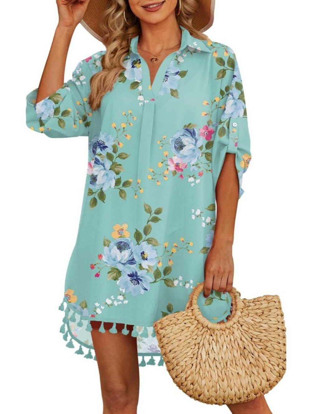 Women's Mint Green Polyester Cover Up Tassel Swimsuit Bathing Suit for Swimwear